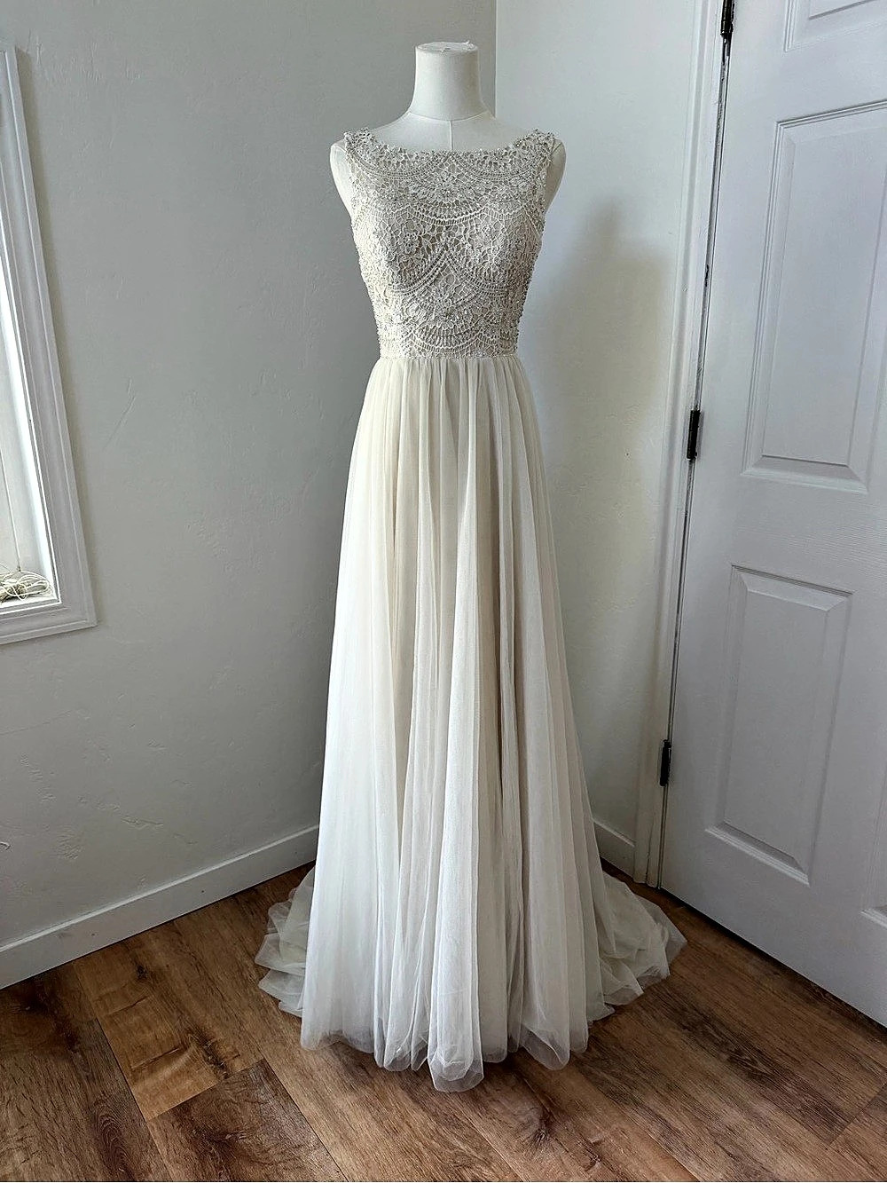 Kenneth Winston Beaded Lace and Tulle Cream Wedding Gown